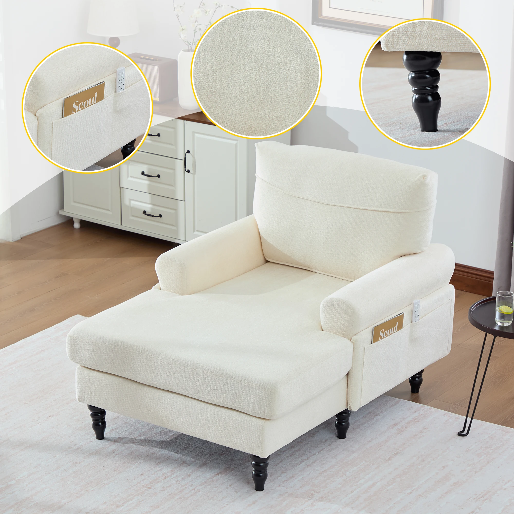 Moderner minimalistischer Samt-Loungesessel, Schlafzimmer-Einzelsofa mit Holzbeinen, bequemer Rückenlehne und Armlehnen – Detail 2