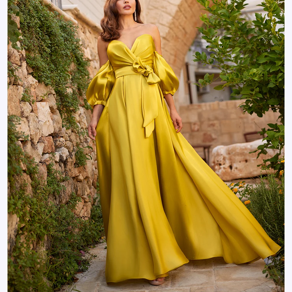 

Gold Satin Prom Dresses Sweetheart Half Sleeve Pleats A Line Floor Length Formal Dress Glamorous Evening Party Gown Customized