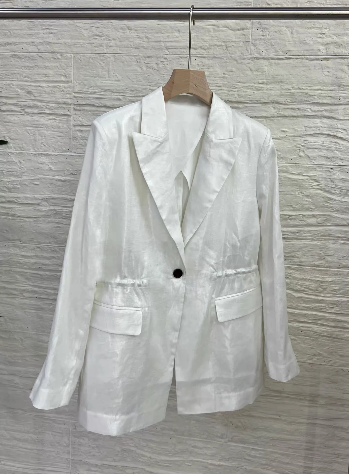 

Женский белый льняной блейзер с отложным воротником, на одной пуговице, с длинными рукавами, элегантный пиджак для женщин