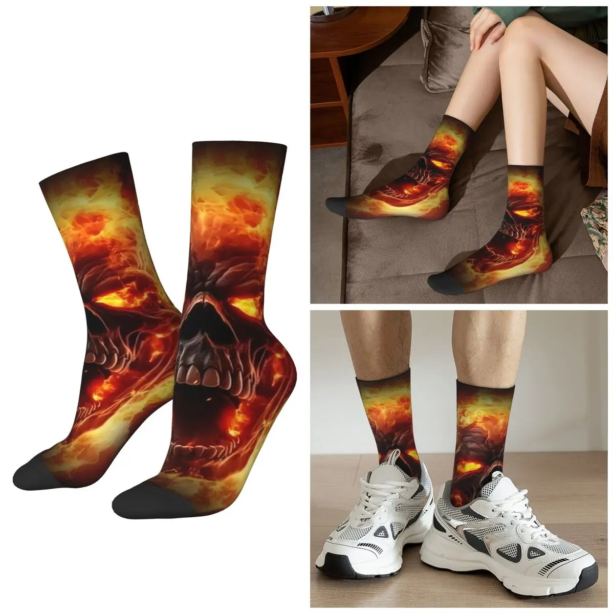 

All Seasons Burning Hot Flame Skull Socks Harajuku Sport Middle Tube Socks Funny Stockings for Men Women Valentine's Day Gifts