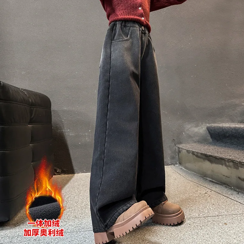 الشتاء فتاة عيد الميلاد معزول الجينز مع التدرج القلب التطريز للأطفال الدافئة الدنيم السراويل الأطفال السراويل مبطنة بالصوف