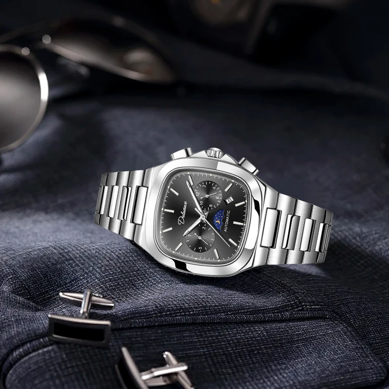 DULUNWE Square Skeleton Mechanical Watches Luxury Movement Retro Automatic Watch for Men Steel Strap Luminous Hands