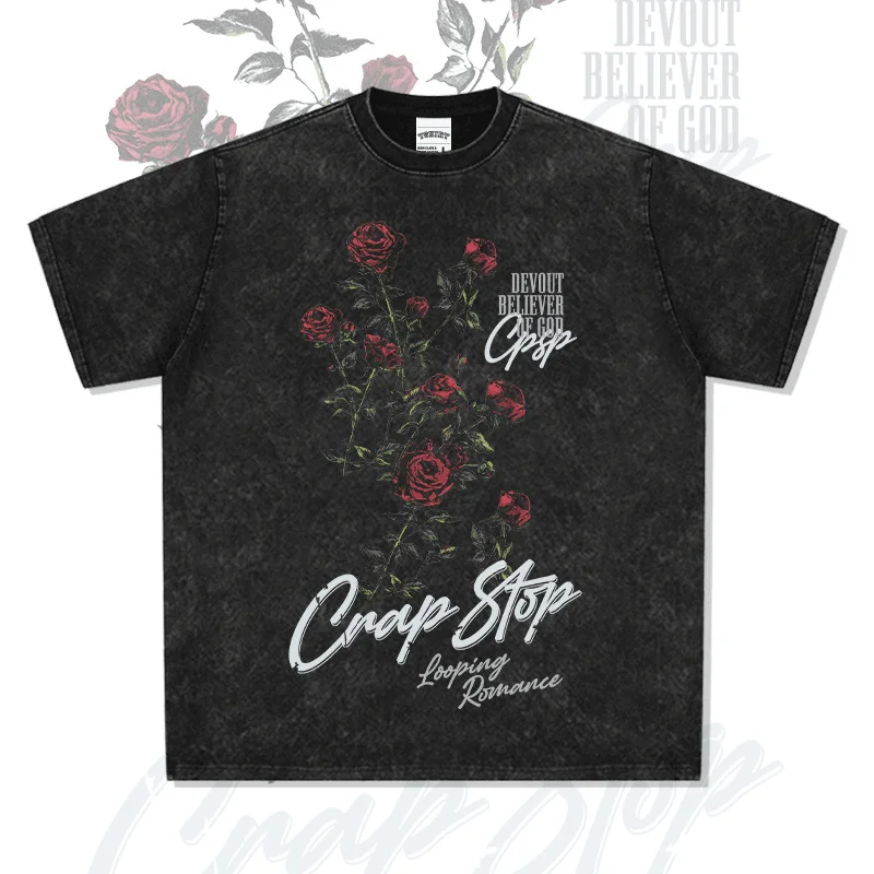 

Original washed American rose flower printed short-sleeved trendy washed distressed t-shirt for men loose and heavy