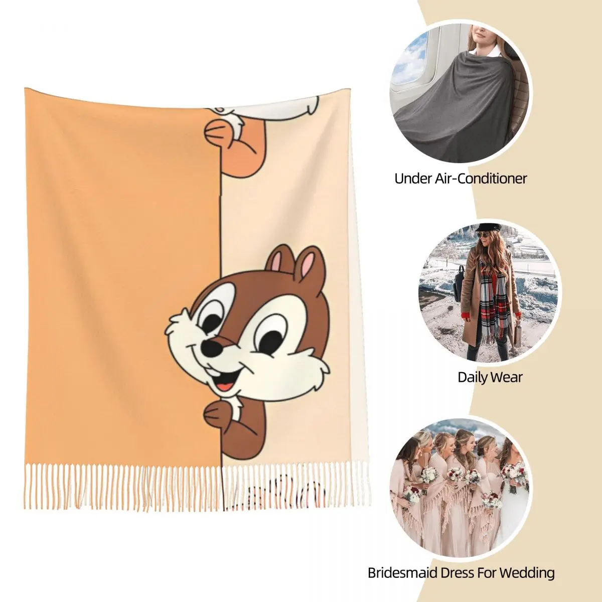 Chip 'n' Dale Lenço fofo de desenho animado para mulheres, xales de pashmina de inverno quentes e cachecóis grandes com borla, uso diário