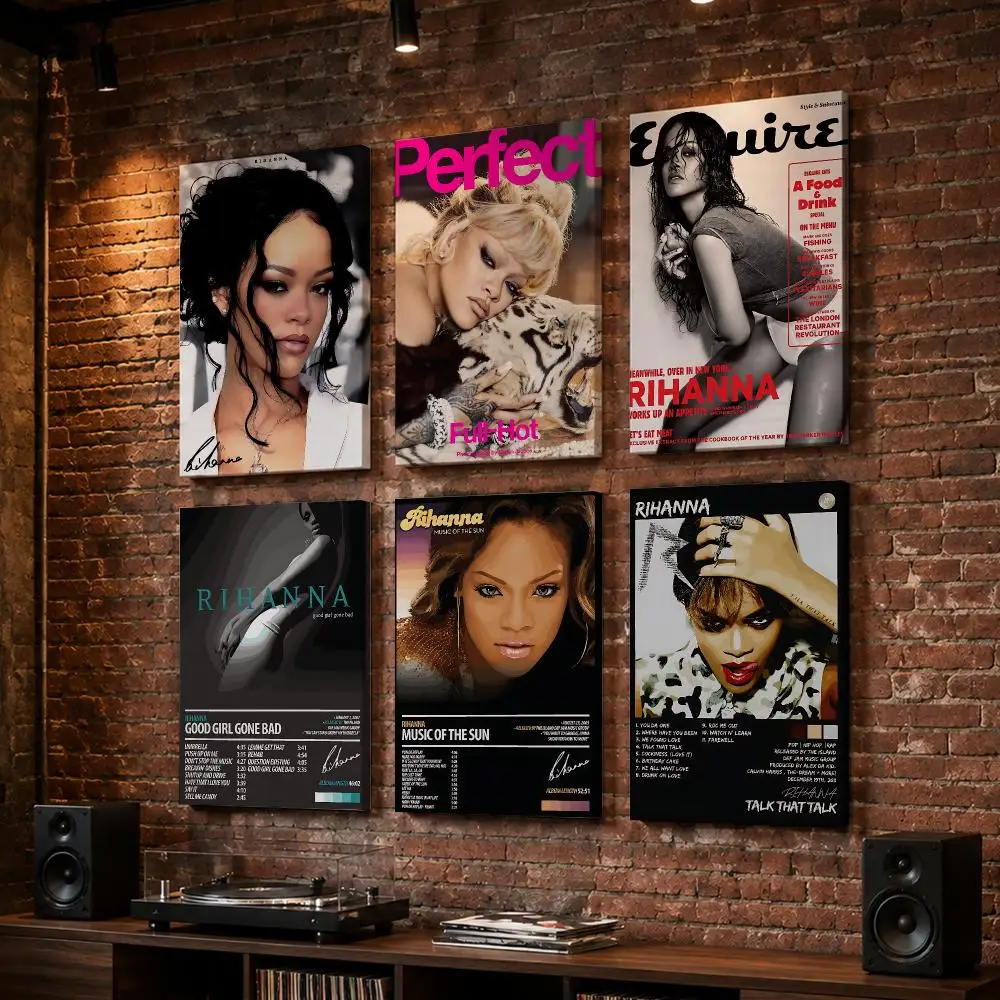 R-Rihanna SINGER Album Framed Wall Painting Wood Canvas Poster For Living Room Bedroom Hallway Office Home Decor Gift