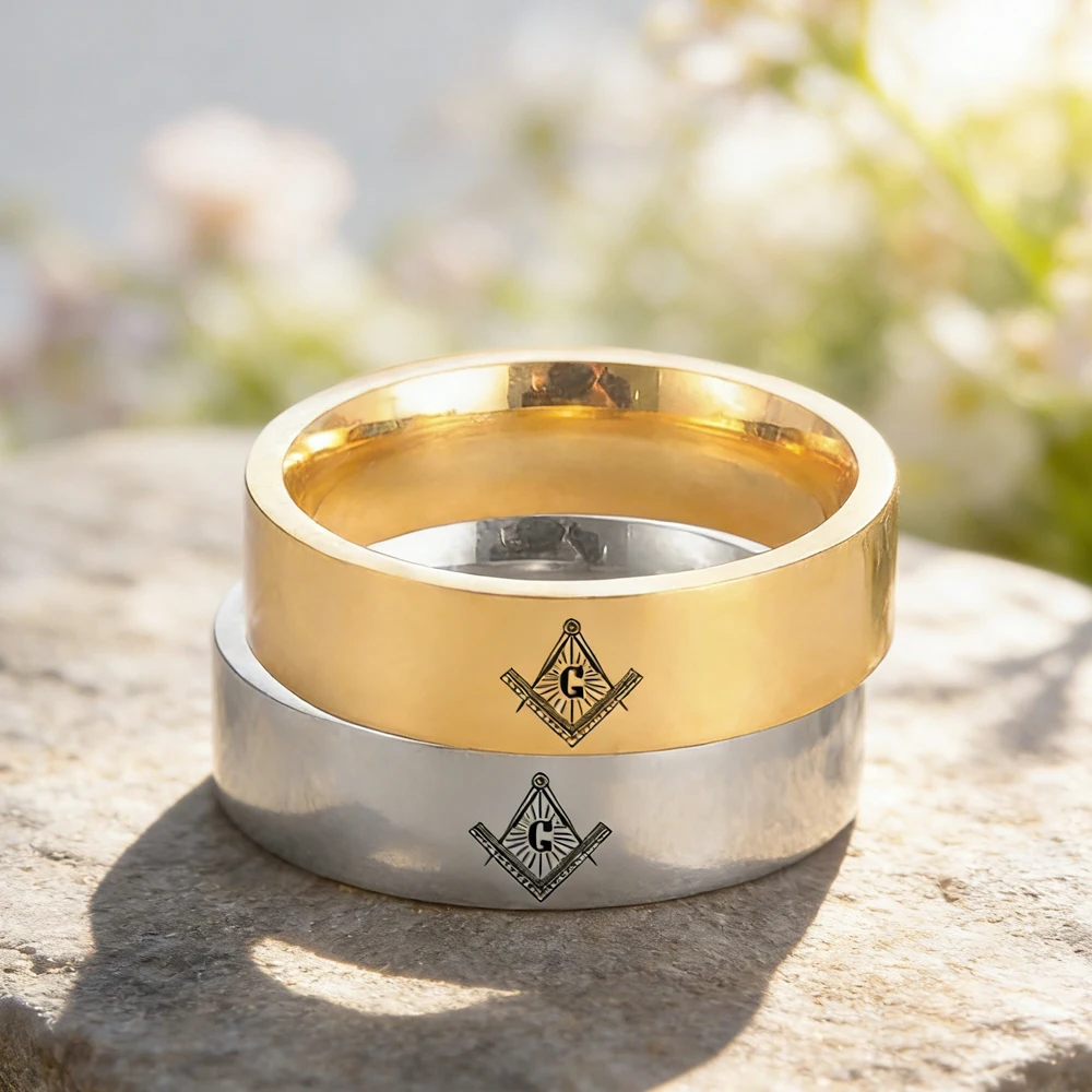 Dawapara 8mm Freemason Masonic Symbol Ring Laser Engraving Stainless Steel Ring Anniversary Wedding Band Punk Jewelry