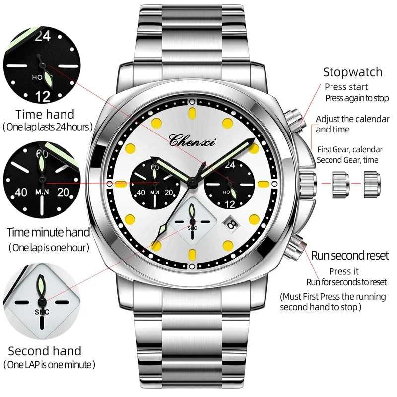 Men Quartz Wristwatch Stainless Steel Chronograph Dial Luminous Hands Casual Sports Watch Business Daily Use