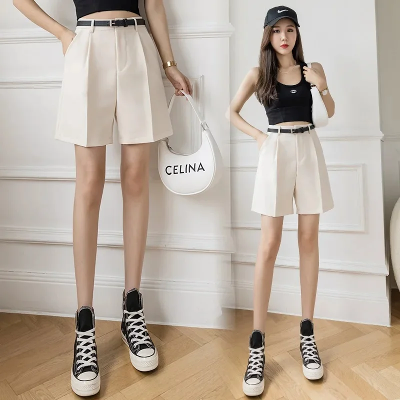 Khaki Suit Fabric Wide Leg Short Pants Women's Straight Cut Five-Point Mid-Pants Summer Outdoor Wear Hot Pants New 2025