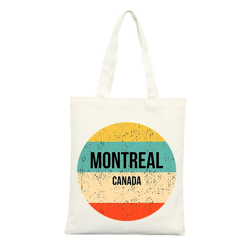 Canvas Tote Bag with Circular Typography Print and Retro Color Stripes, Ideal for Casual Shopping and Daily Use