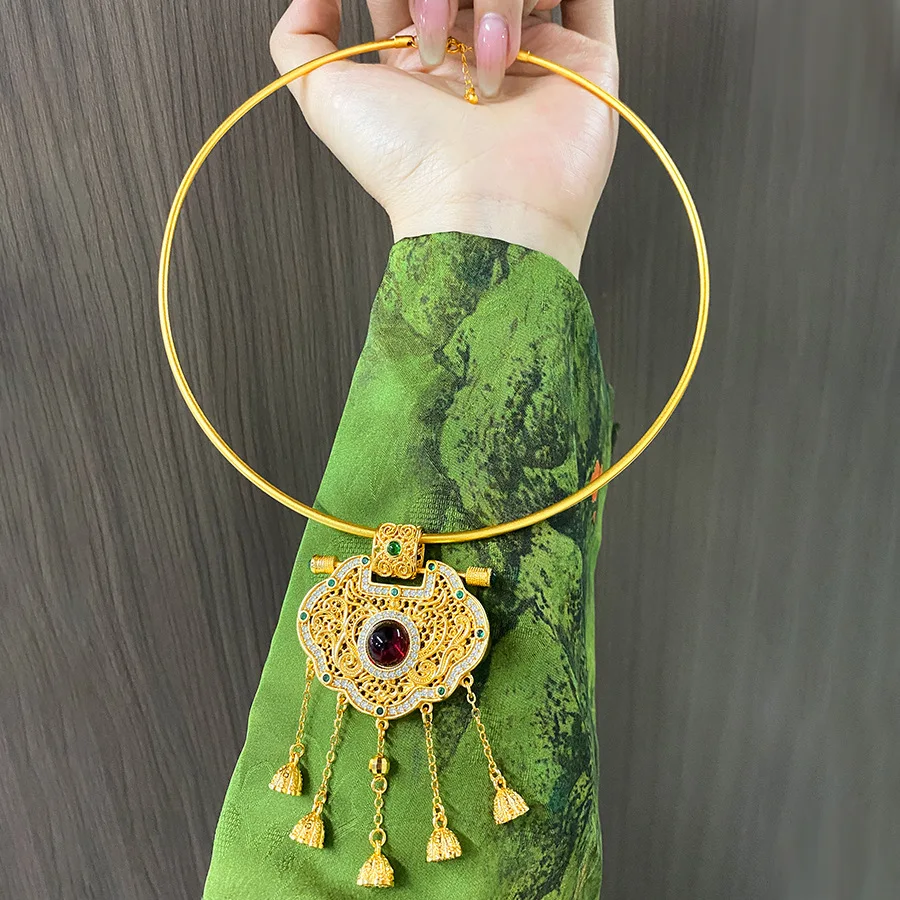 Palace style enamel color dragon phoenix fringe pearl lock bag pendant necklace female fashion all match 9999gold