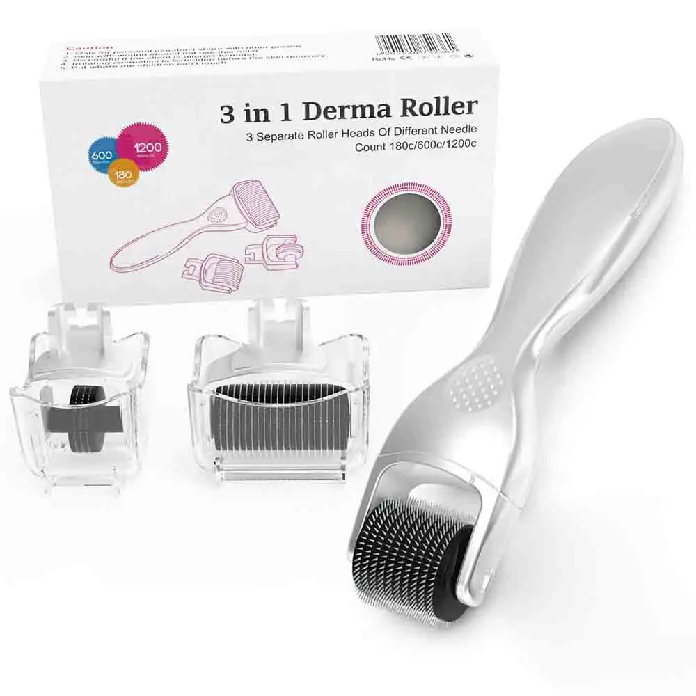 Kit de Derma Roller en Oferta, 180, 600 y 1200 Púas, Dermaroller con Agujas de Titanio, 3 Cabezales de Repuesto para el Cuidado Facial, Corporal y Ocular