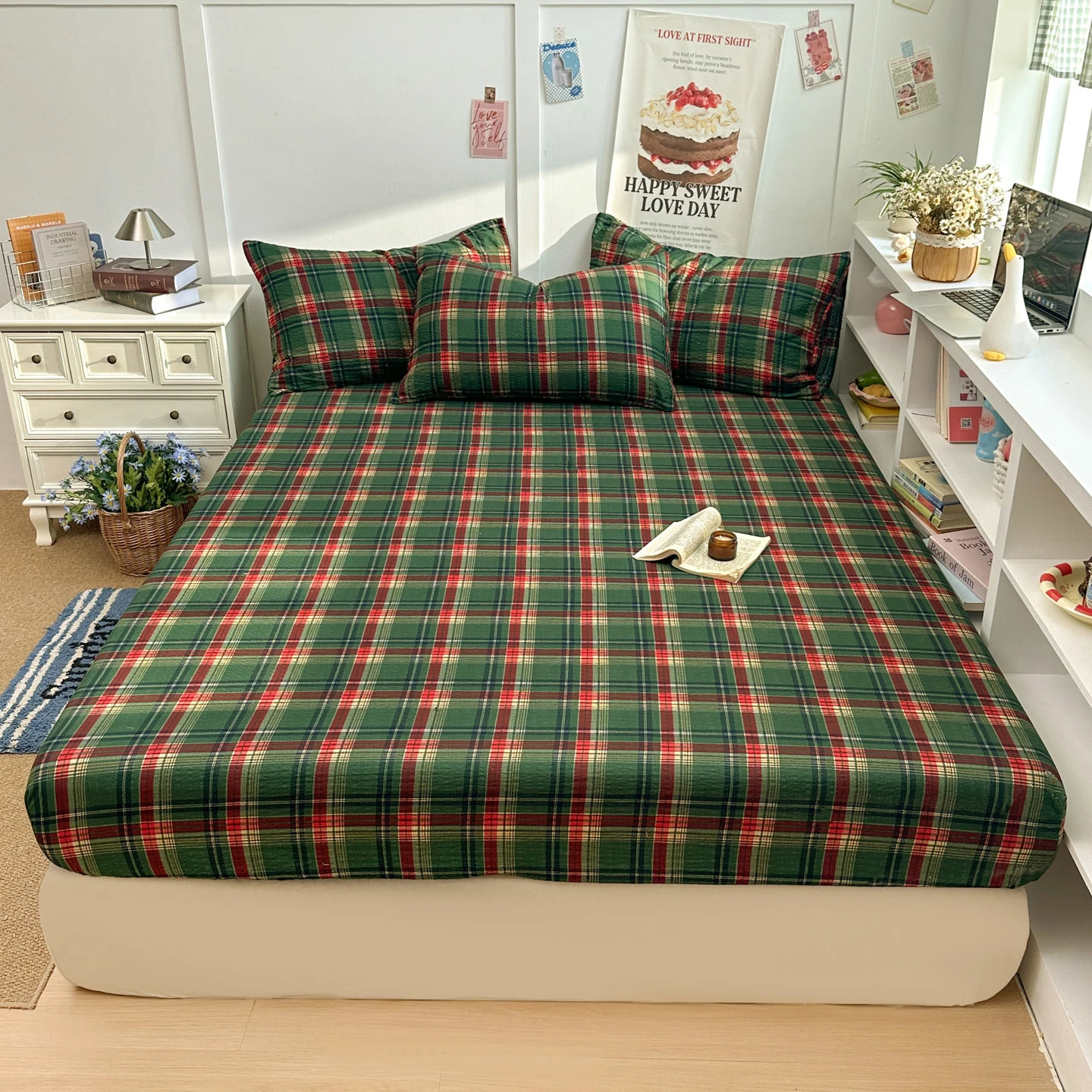 Checkered Printed Fitted Bed Sheet sabana para cama Single/Twin/Queen Size Skin-friendly Fitted Sheet Puff Gauze roupa de cama