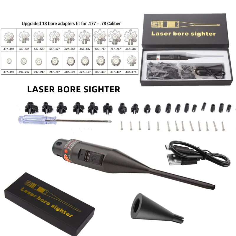 

Rechargeable Laser Boresighter Kit 18 Adapters USB charging .177 .22 to.12GA Laser Collimator