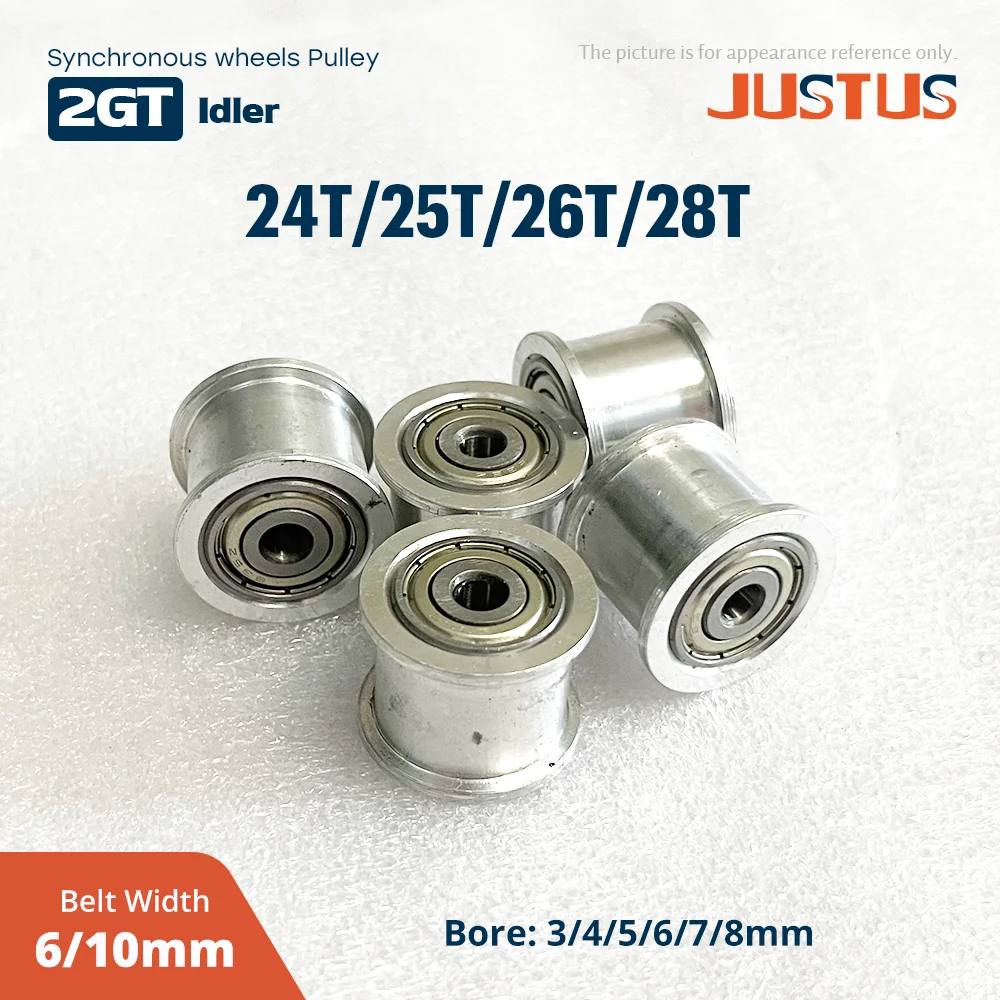 2GT 24T/25T/26T/28T Teeth Timing Idler Pulley Bore 3/4/5/6mm With Bearing For 6/10mm GT2 Synchronous Belt 3D Printer Accessories