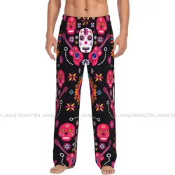 Men's Casual Pajama Sleeping Pants Mexican Sugar Skulls And Flowers Lounge Loose Trousers Comfortable Nightwear