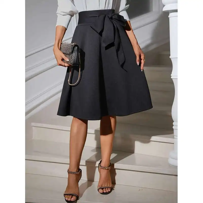 European and American A-line umbrella skirt versatile elastic knitted high waisted strap mid length retro skirt