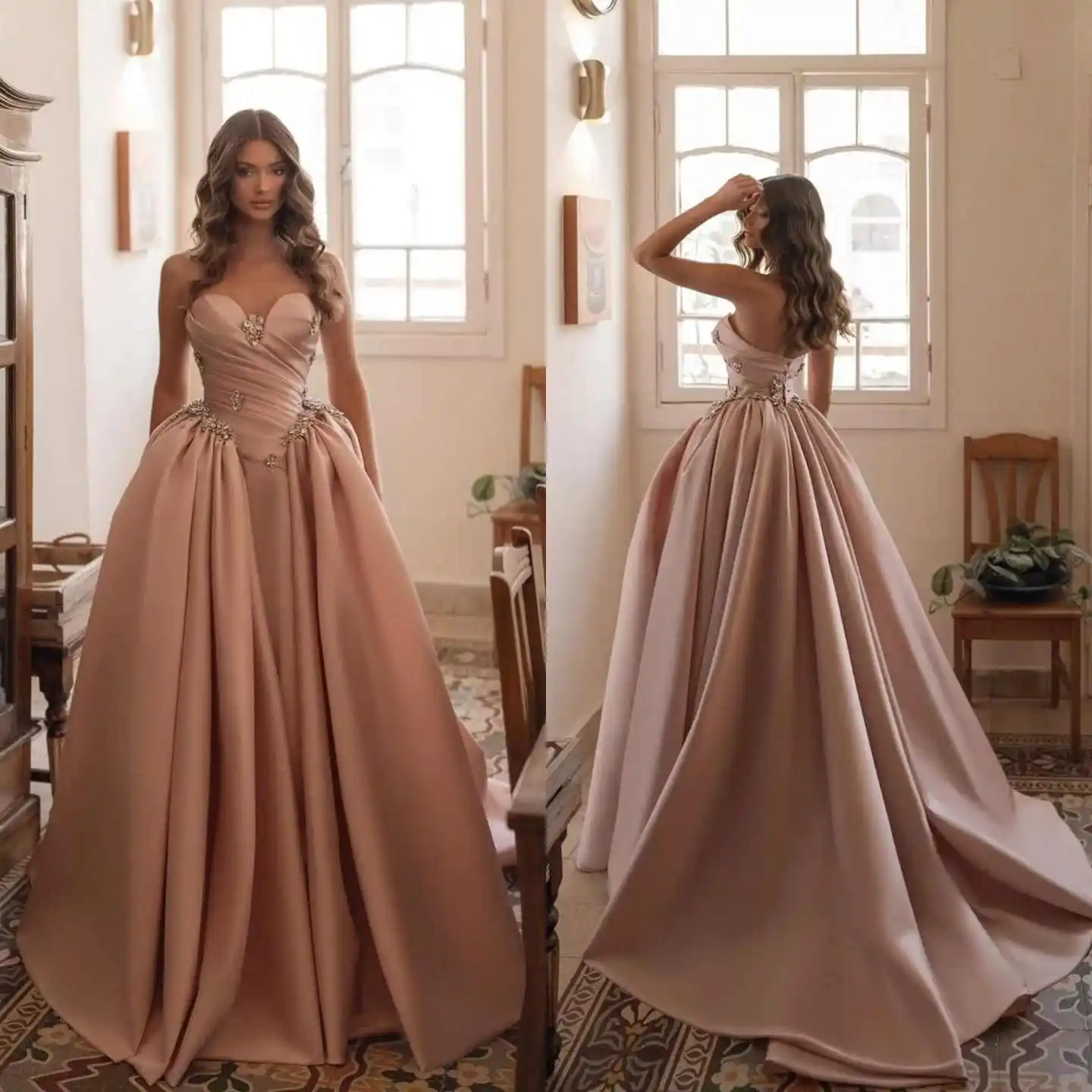 Robe de soirée en Satin pour femmes, élégante, sans manches, en cœur, avec cristaux, robes de soirée formelles personnalisées