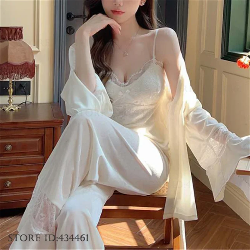 

Сексуальный бархатный халат из 3 предметов, пижамный комплект, лоскутное кружевное нижнее белье, брючный пижамный костюм, осенне-зимняя велюровая ночная рубашка, домашняя одежда, пижама