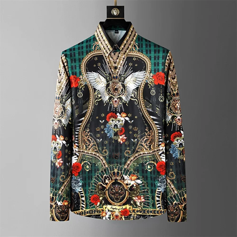 Luxury Retro Printed Shirt for Men Crown Diamond Casual Social Shirt Long Sleeve Slim Fit Business Party Tuxedo Blouse M-5XL