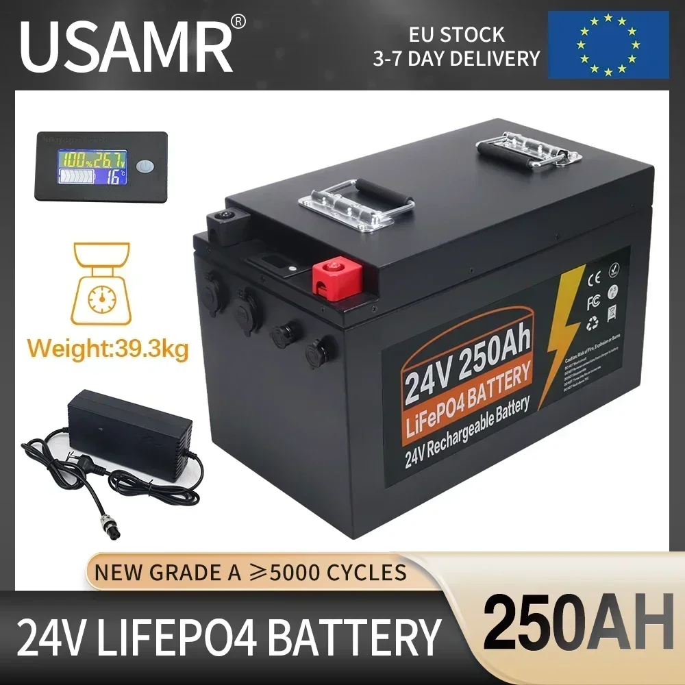 24V 250Ah LiFePO4 Lithium Iron Phosphate Battery Built-in BMS 5000 Cycles For Outdoor Camping Golf Cart Solar Storage + Charger