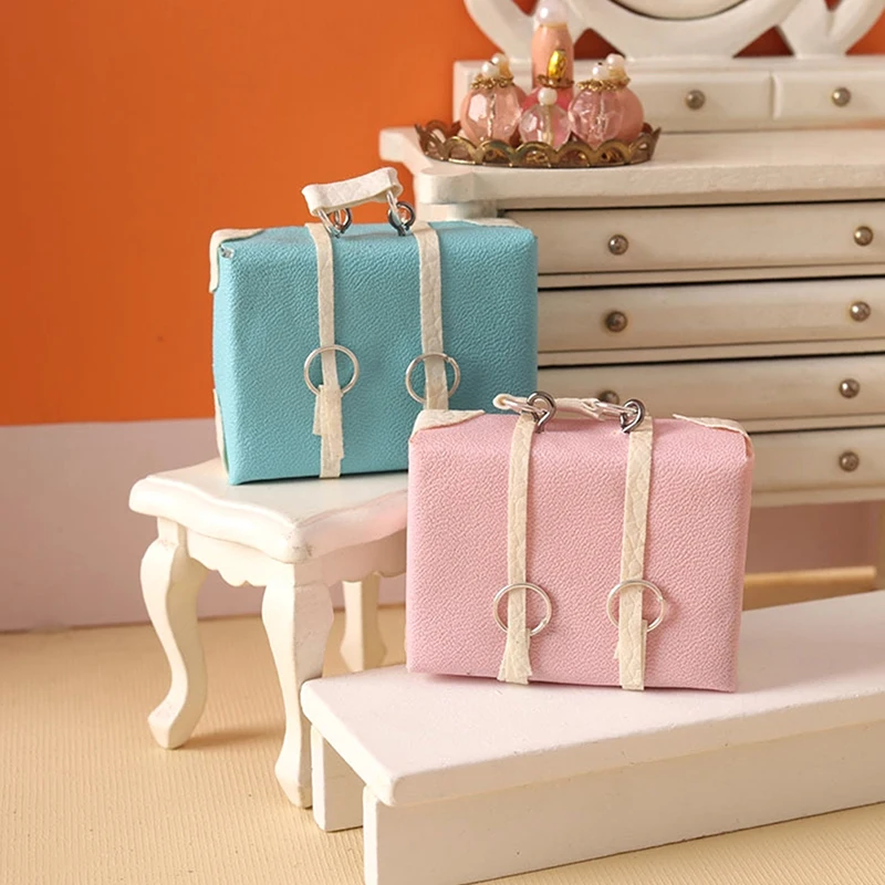 Dollhouse Leather Case Briefcase Mini Doll Leather Luggage 1:12 Scale Miniature Portable Trunk Vintage Suitcase Dollhouse