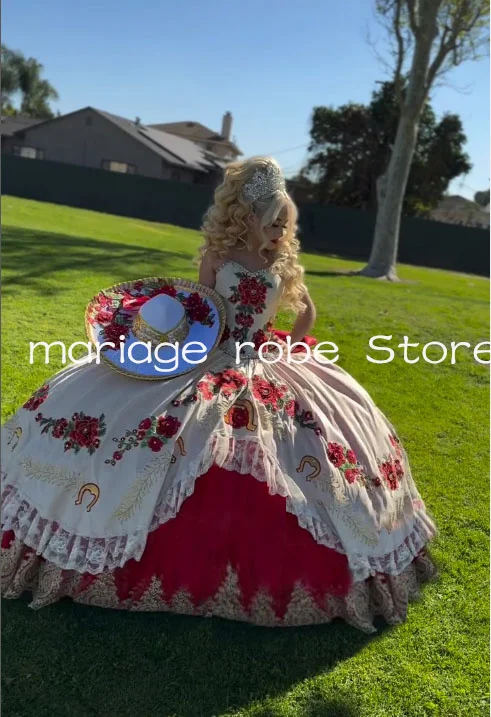 White Red Charro Quinceanera Dresses Princess Floral Embroidery Lace-up Corset customsized vestidos de 15 años quinceañera