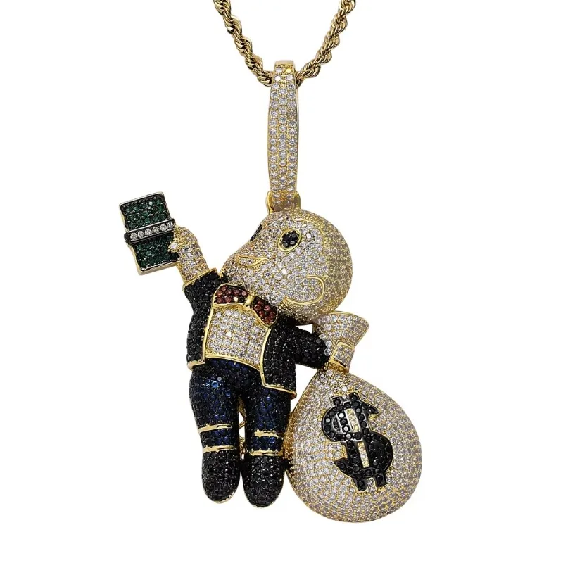 

Hiphop 14K Gold Plated Cartoon Dollar Money Bag Pendant Micro Paved Zircon Bling Boy Fashion Jewelry Iced Out Pendant