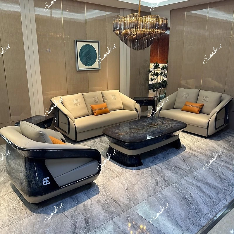 Modern light luxury solid wood leather sofa high-end villa self-built house luxury large apartment living room  FT