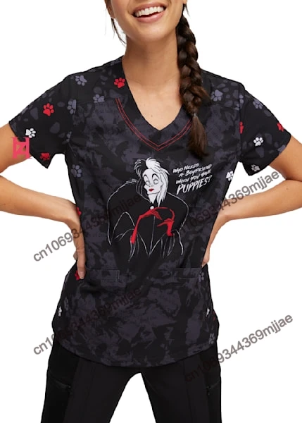 New Summer Printed Pattern Top Casual and Comfortable Nurse Uniform African American Style V-neck Double Pocket Design T-shirt