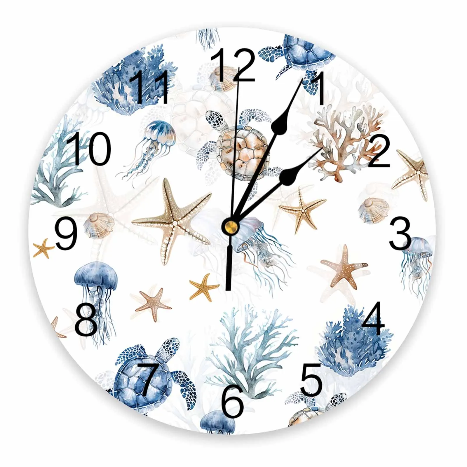 Marine Creatures Turtles Starfish Corals Jellyfish Wall Clock Modern Silent Clock Living Room Home Decor Wall Hanging Watch