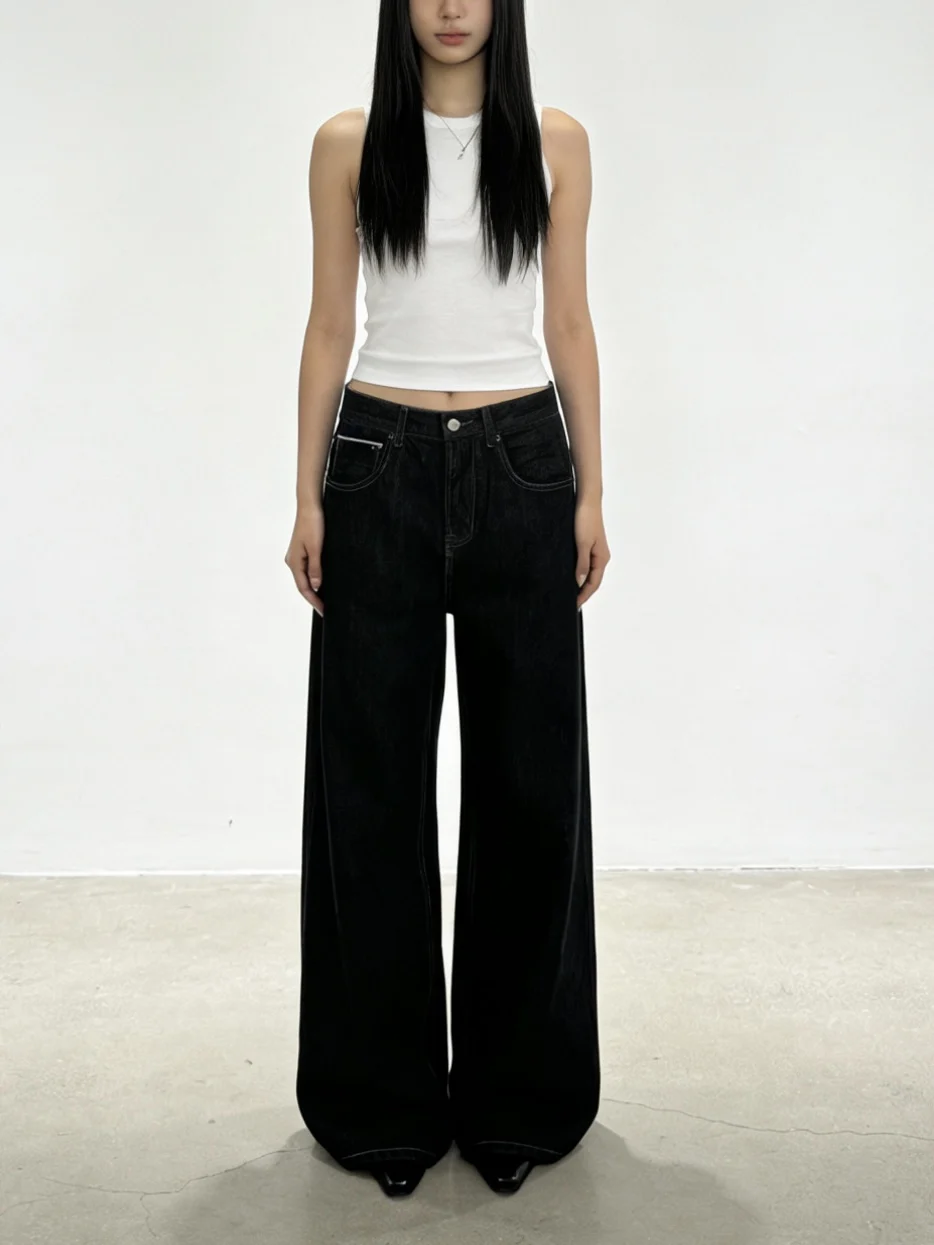 

JXGOGLOBAL American Retro Wide Leg A-Line Jeans Red Original Cow Straight Micro Flared Pants Casual mid Waist Jeans