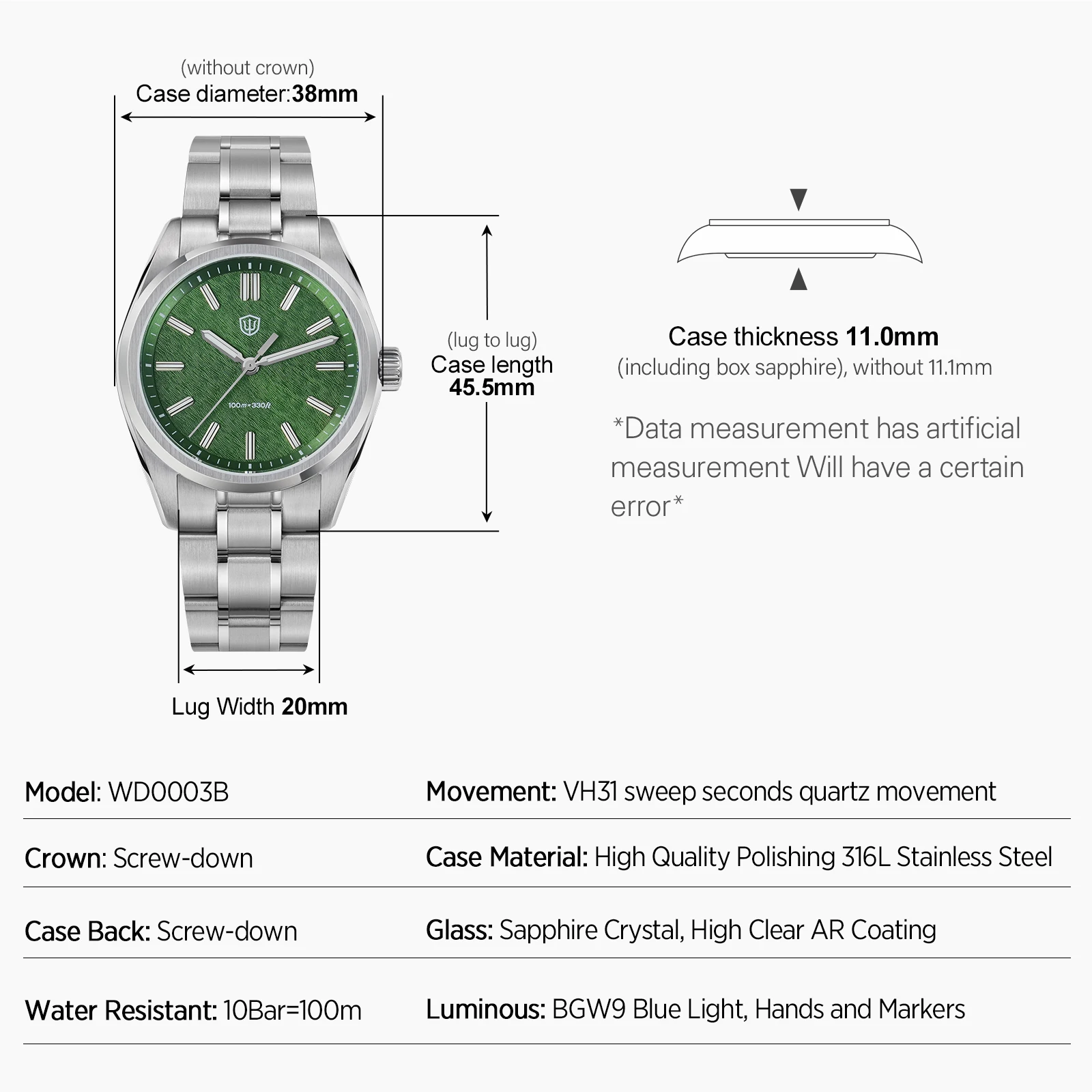 Watchdives New WD0003B ‌Aventurine Dial Watch VH31 Sweep Movement