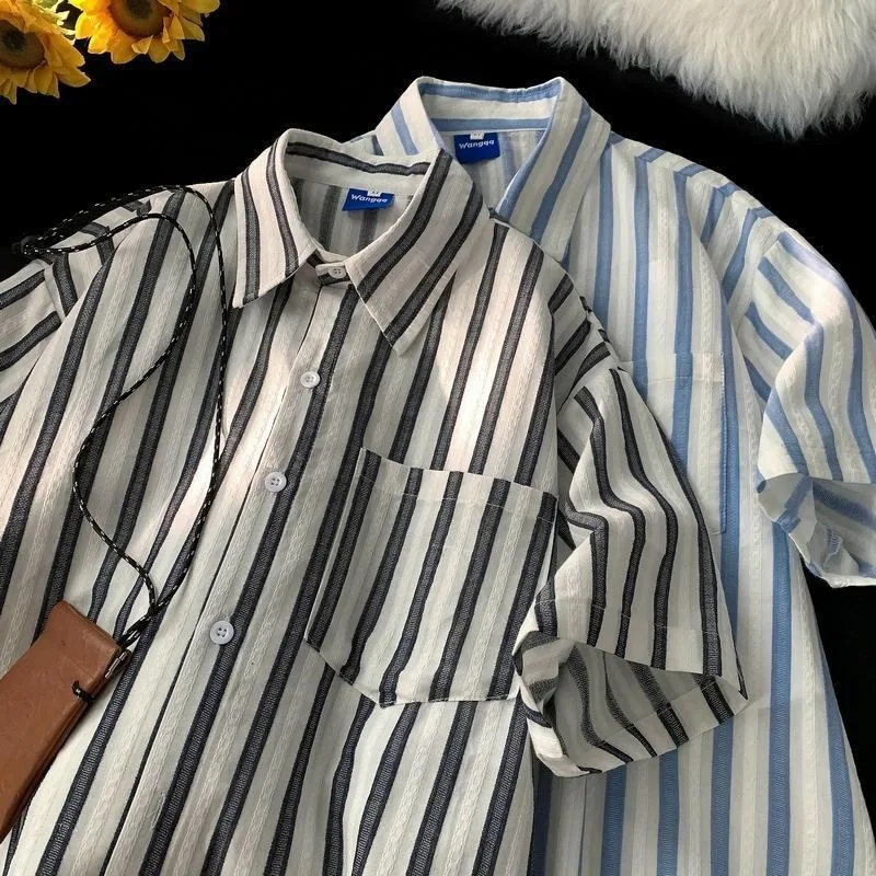 

Black Blue Striped Polo Collar Short Sleeved Shirt for Men Harajuku Japan Simple Summer Blouse Retro Street Fashion Camisas Y2K