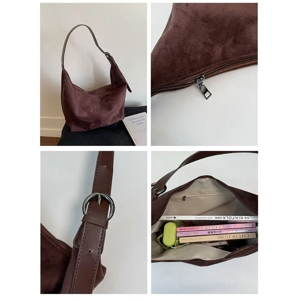 

Portable Zipper Suede Matte Hobo Bag Large Capacity Solid Color Vintage Crossbody Bag Handbag Korean Style Female Tote Bag Gift