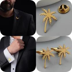 Fashion punk style coconut tree stainless steel gold-plated badge, men's suit collar pin, silver brooch suit, wedding jewelry