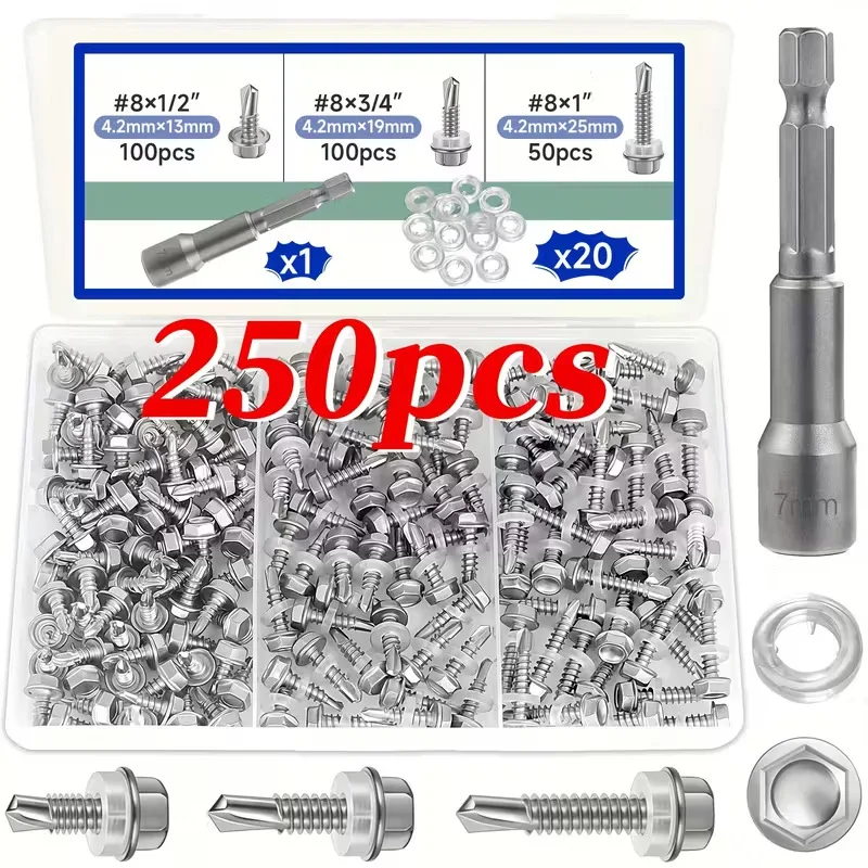 

250pcs hex washer head self tapping Screw #8 M4.2 Assortment Kit 410 Stainless Steel Self Drilling tek Screw for Sheet Metal