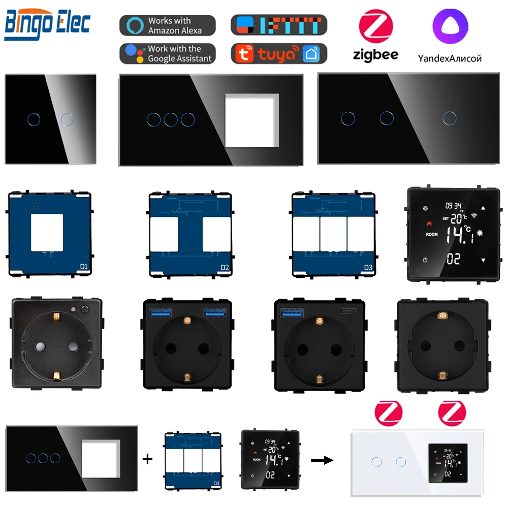 Zigbee inteligentny dotykowy przełącznik termostatu Usb/gniazdo ścienne Tuya Google Smart Life moduł przełączników światła szklany Panel DIY połączenie