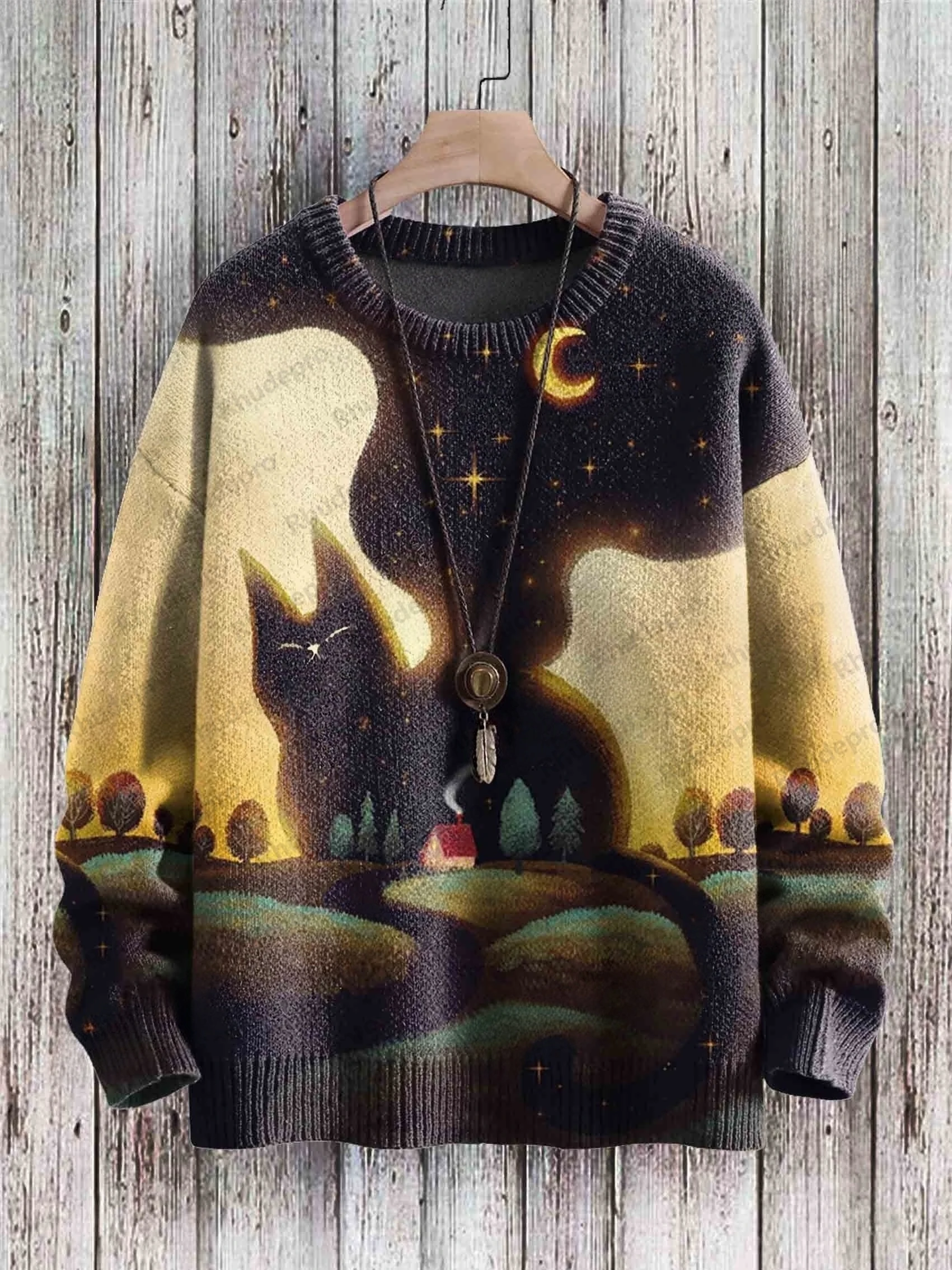 Funny Cat & Vintage Cute Cat Art Pattern 3D Printed Men's Knitted Pullover Winter Unisex Casual Knit Pullover Sweater