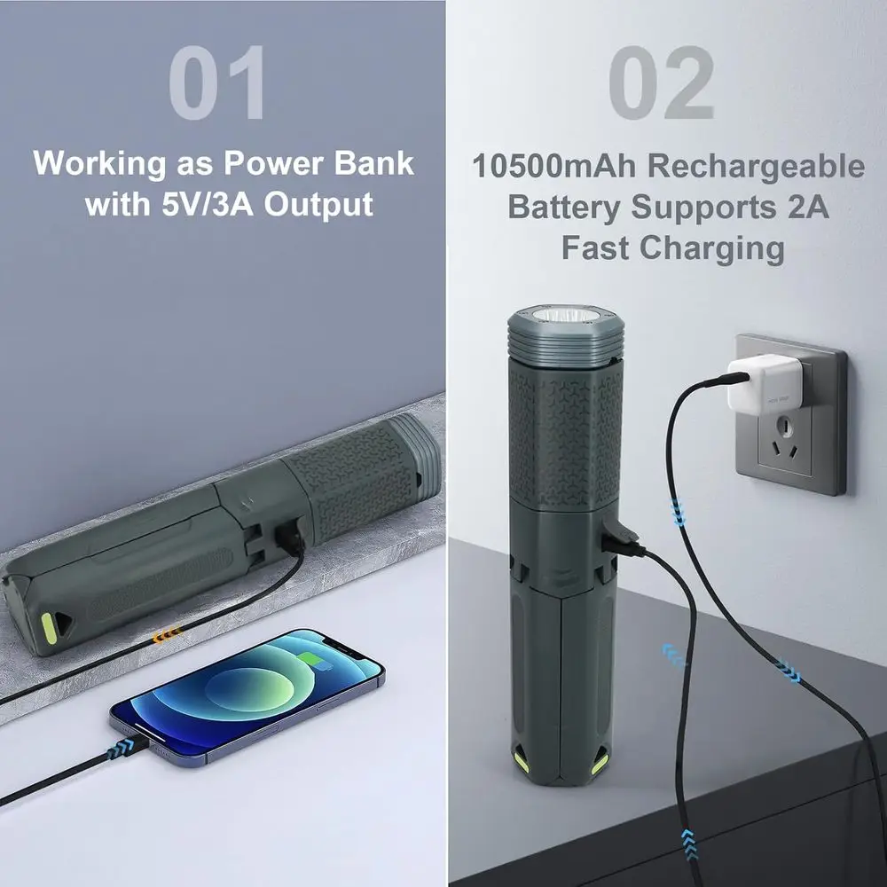 โคมไฟตั้งแคมป์แบบชาร์จไฟได้แบบพกพาพร้อมแบตเตอรี่ 10500mAh, ไฟ LED กันน้ำ, ฐานแม่เหล็ก และกระเป๋าเก็บของ - สีเทา