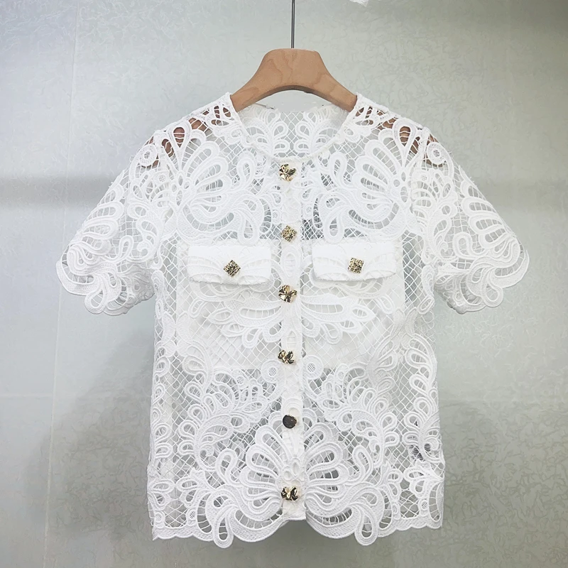 

Quality Summer Holiday Women White Lace Tops Short Sleeve Floral Embroidery Hollow Out Round Neck Single Breasted Lady Shirts