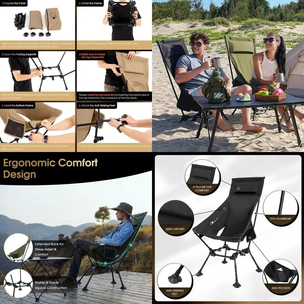 

Elevated Folding Camping Chairs: Adjustable Height, Spacious Seats, and Anti-Sink for Beach Use