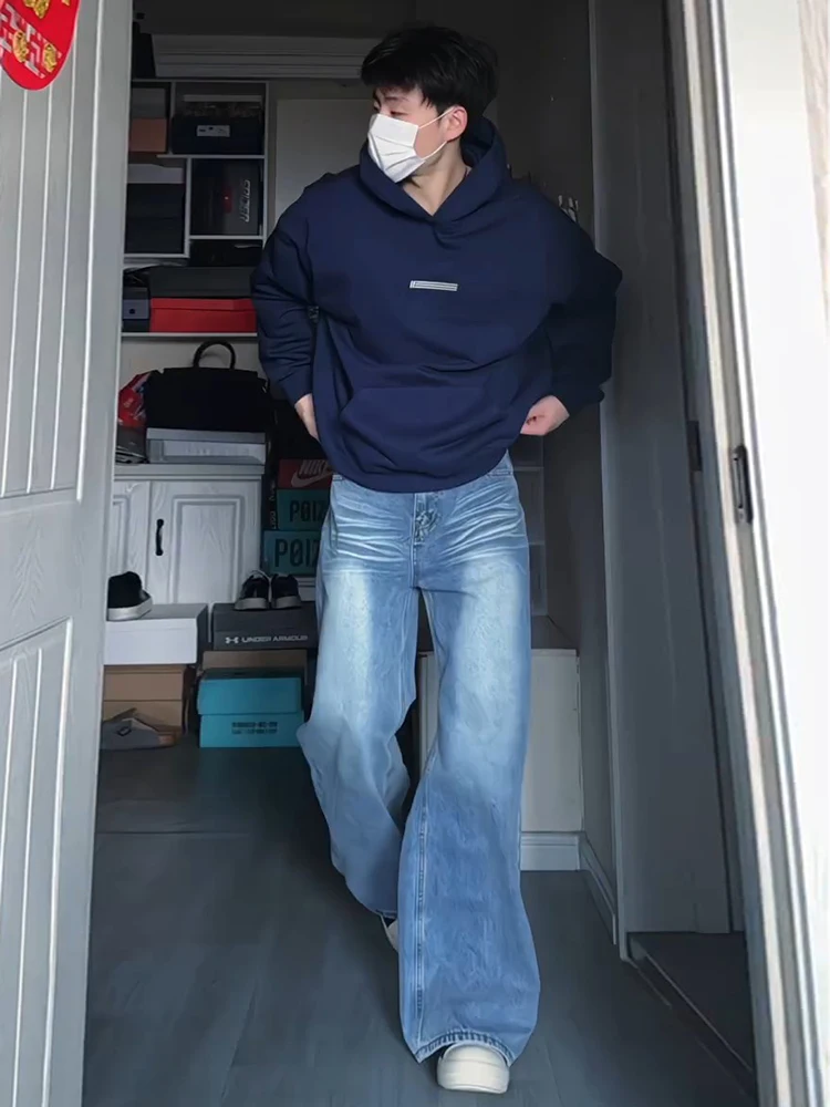 

Light Blue High Waist Wide Leg Men's Straight Fit Jeans American Vibe Long Length Tall Men's Micro Flare Pants