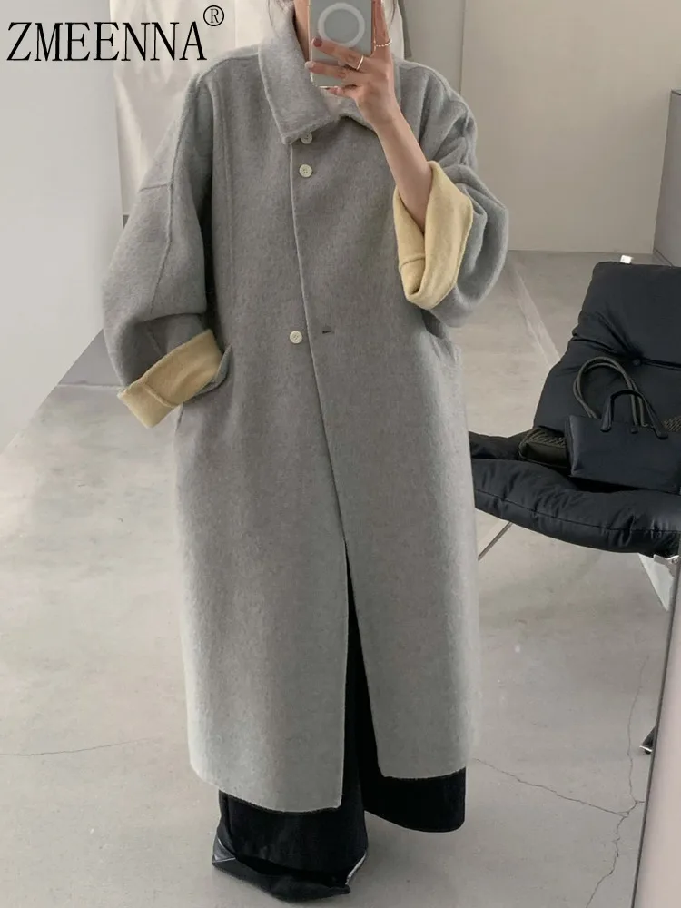 ZMEENNA レディース ロング ウール ブレンド コート リバーシブル コントラストカラー カフス ターンダウンカラー 暖かい冬用アウター ZM4414