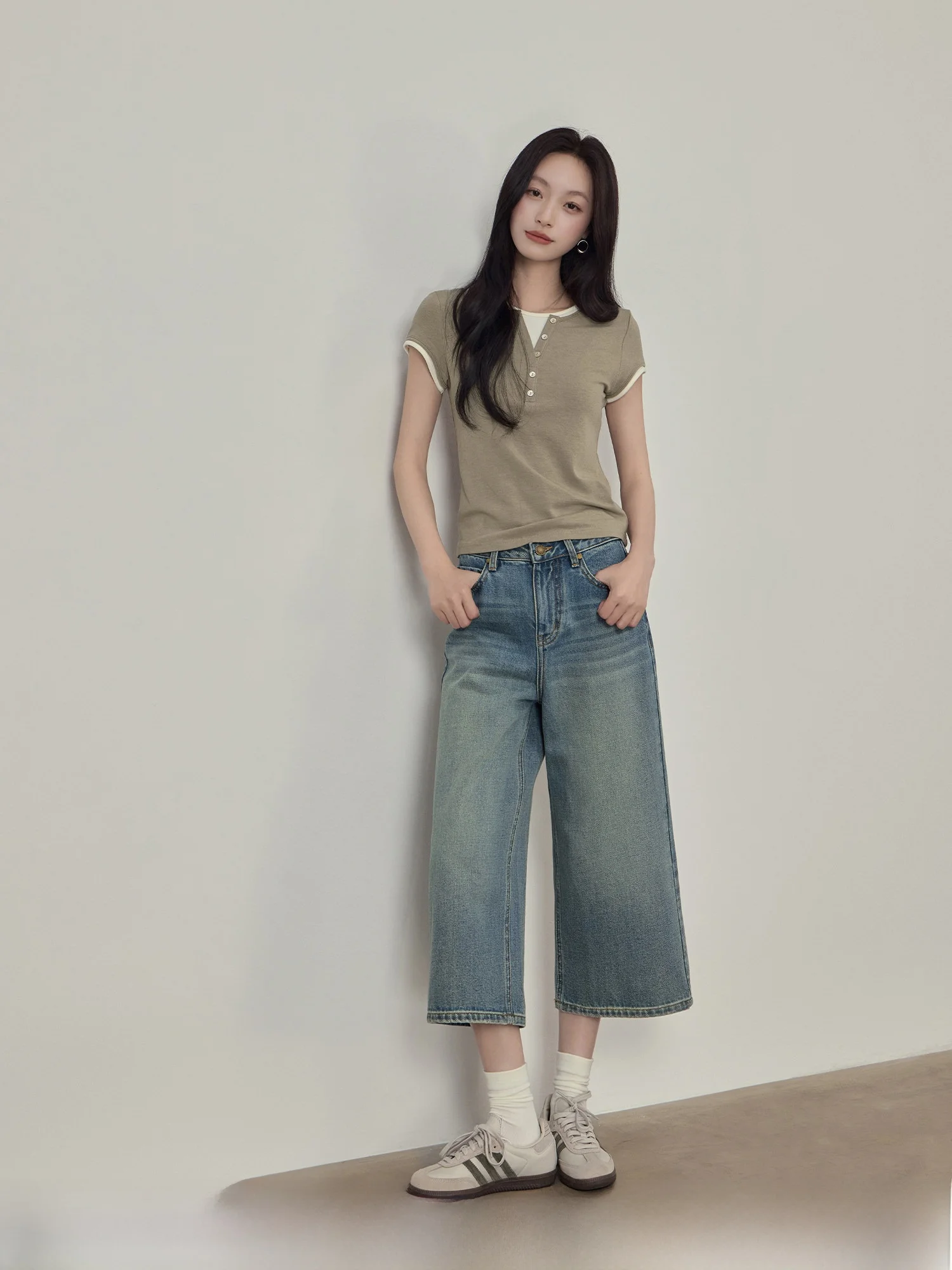 

Rising Shorties Vintage Blue Jeans Straight Leg Slimming Pants for Pear Shaped Women Casual Washed Cotton Ladies Trousers