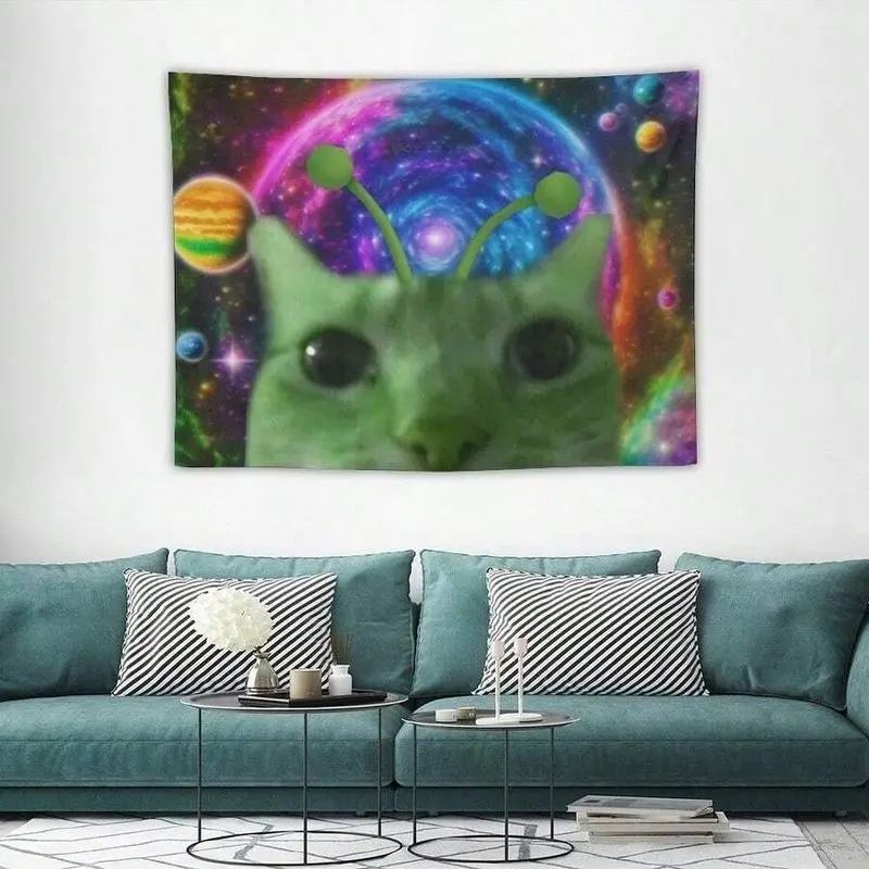 VIKAMA Alien Cat Galaxy Tapestry Green Cosmic Kitty Nebula Planet Space Wall Hanging Trippy Kawaii Room Decor Poster