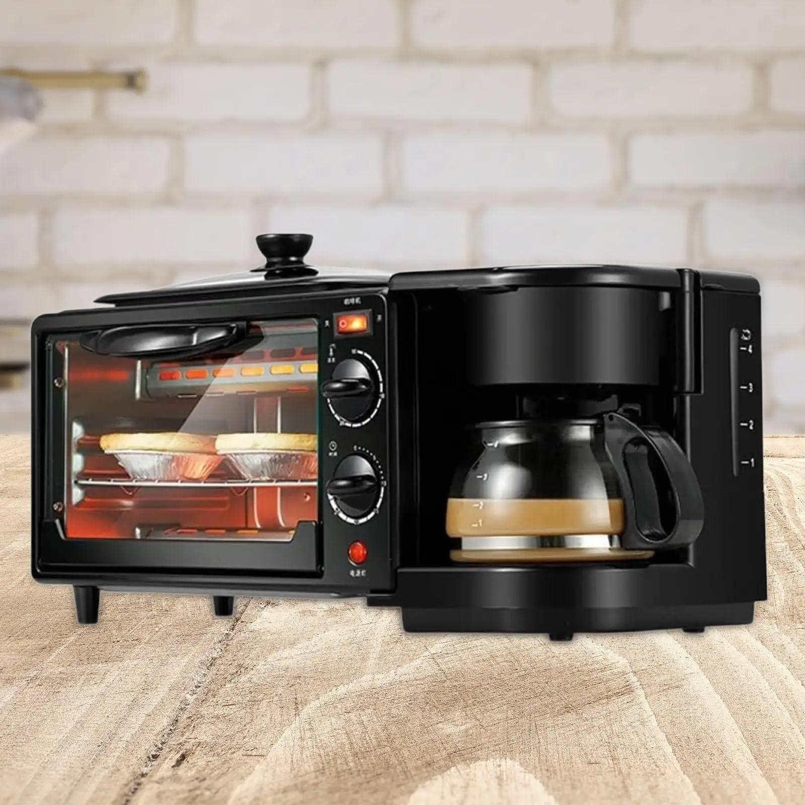 

3 in 1 Breakfast Machine Toasters Oven Versatile Heat Selector Mode with Glass Lid Toaster Oven with Coffeemaker for Egg Bread