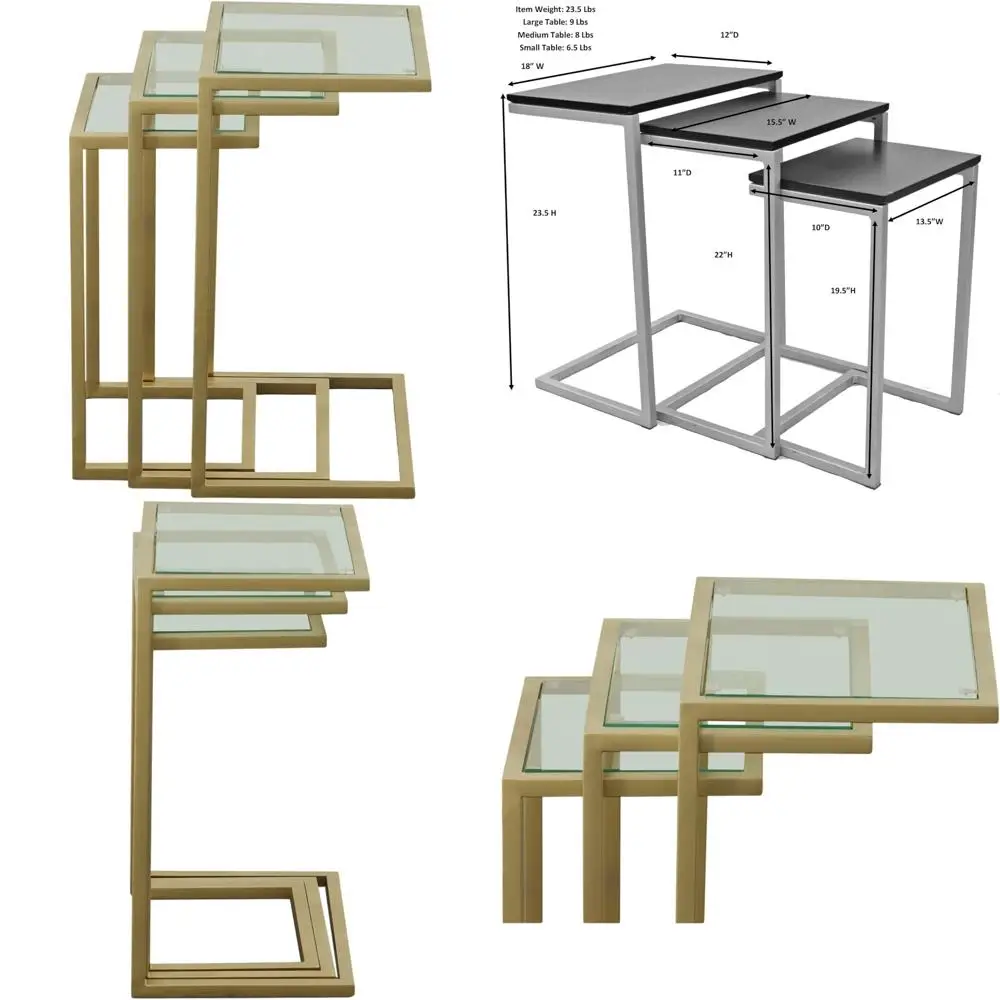 طقم طاولة متداخلة خشبية مستطيلة مع إطار من سبائك الصلب - أثاث حديث وموفر للمساحة مكون من 3 قطع #1