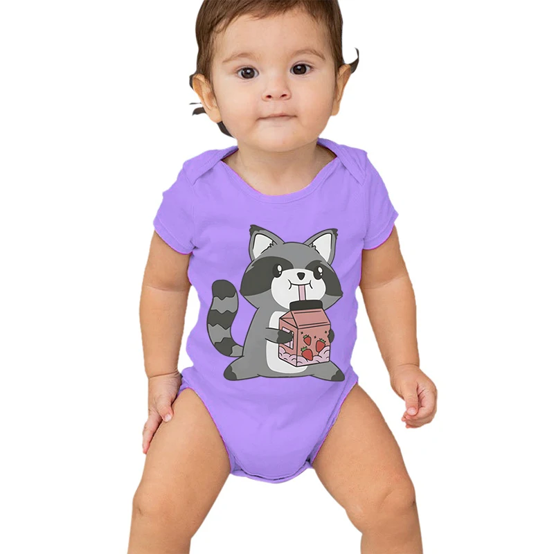 Baby Bodysuit Kawaii Raccoon and Strawberry Milk Print Infant Jumpsuits Trendy Cartoon Raccoon Cotton Baby Girl Boy One-Pieces