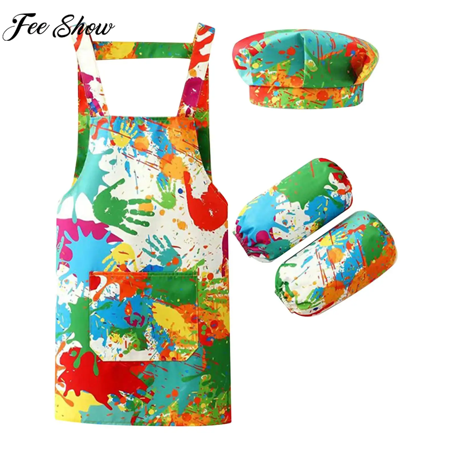 Kids Cartoon Animals Print Waterproof Apron with Hat Arm Sleeve Cooking Baking Drawing Artist Chef Cosplay Costume Accessories