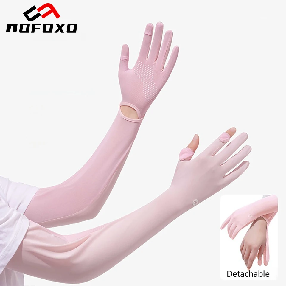 NOFOXO Women Breathable Solid Color Ice Silk Long Sleeve Sun Protection GlovesOpen  Arm Sleeve Touchscreen Anti-silp Sleeve